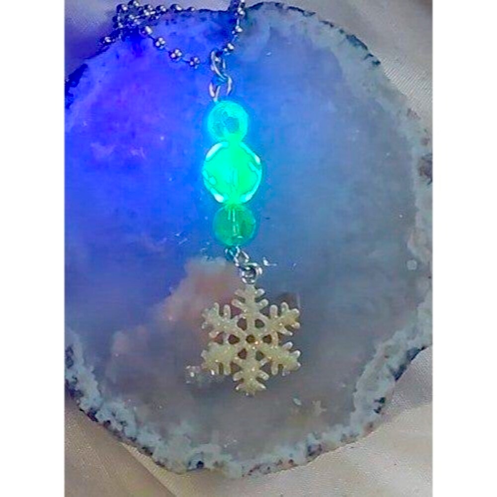Seasonal snowflake pendant with uranium glass beads on silvertone ball chain